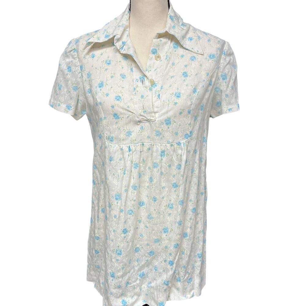 vintage 1970's maternity tunic handmade dagger collar short sleeve floral top SM